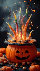 Spooky Halloween pumpkin filled with candy worms and smoke, creating a festive and scary atmosphere
