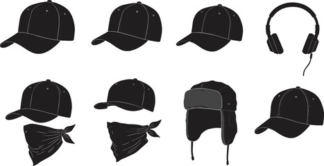 Collection of headwear silhouettes including baseball caps, bandanas, headphones, winter hat with ear flaps, fashion accessory designs, cad drawing flat vector illustration