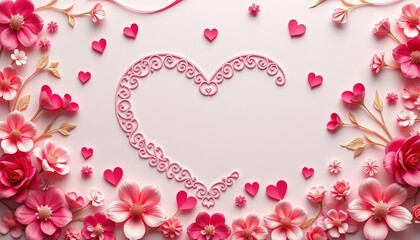 Obraz premium Intricate paper heart & floral design, perfect Valentine's scrapbook background, shabby chic, leaves