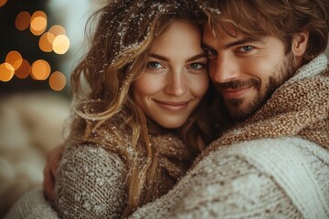 Couple hugging in snow.
