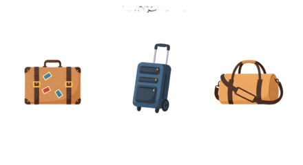 Set of three luggage icons isolated on white background, travel bag illustrations including suitcase, carry-on, and trolley, perfect for tourism, vacation, airport baggage, journey, and travel concept