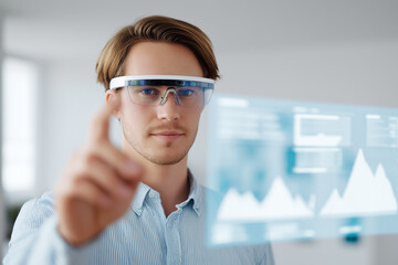 Man interacts with holographic display using smart glasses