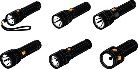 Collection of flashlight silhouettes with different designs, portable lighting equipment, handheld torch variations, outdoor gear illustration, cad drawing flat vector illustration © Joydip
