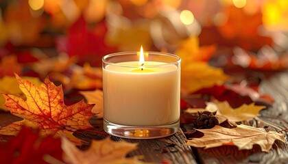 A lit candle in a clear glass rests amongst colorful autumn leaves on a rustic wooden surface. Soft bokeh lights add ambiance