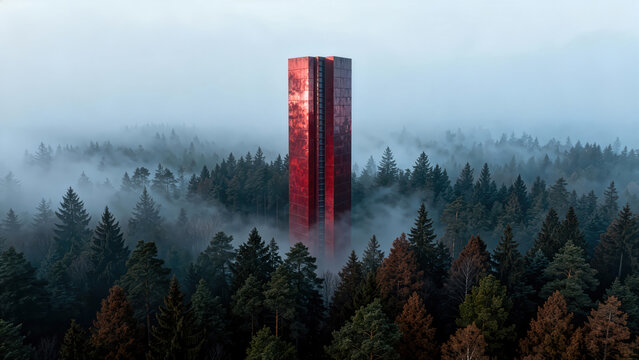 Mysterious red monolith tower in a foggy forest. Aerial view. A crimson monolith pierces the morning mist. - Powered by Adobe