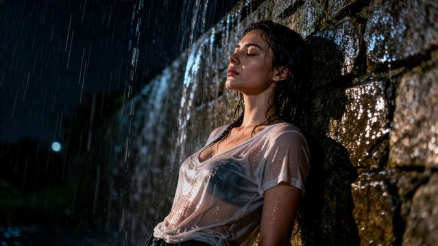 Sensual woman in a wet t-shirt under a waterfall at night.