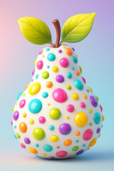 A whimsical pear covered in colorful polka dots on a soft pastel background