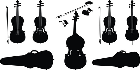 Violin, viola, double bass, bows, instrument cases, rosin, shoulder rests, classical orchestra string instruments, black silhouette, CAD drawing flat vector illustration © Itz Joydip
