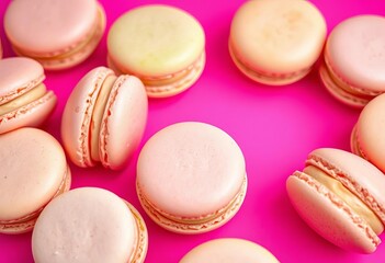 Obraz premium Delicate pastel French macarons arranged on a vibrant pink background, close up, bakery