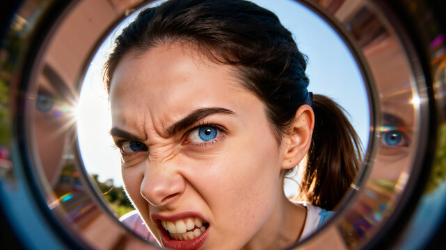 Fisheye view of an intense, angry woman snarling at the camera. - Powered by Adobe