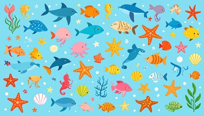 Naklejka premium A colorful flat illustration featuring various marine animals, starfish, and sea plants in a bright underwater scene