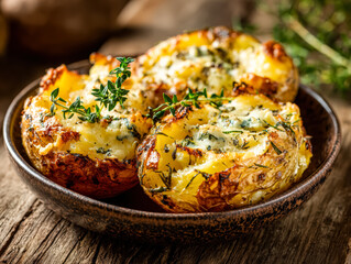 Baked Halloween food showcases stuffed potatoes topped with herbs and cheese, arranged in a rustic bowl on wooden table