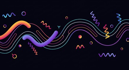 Abstract colorful wavy lines and geometric shapes against dark background