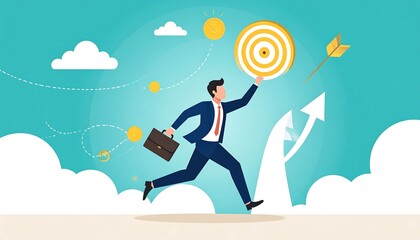 Businessman running towards a target, symbolizing goal achievement