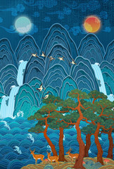 A traditional Korean folk painting illustration. A painting of the sun, moon, and five peaks. A traditional folk painting symbolizing the king. The sun, moon, and five peaks. 한국 전통 그림, 일월오봉도, 민화 일러스트 