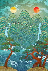 A traditional Korean folk painting illustration. A painting of the sun, moon, and five peaks. A traditional folk painting symbolizing the king. The sun, moon, and five peaks. 한국 전통 그림, 일월오봉도, 민화 일러스트 