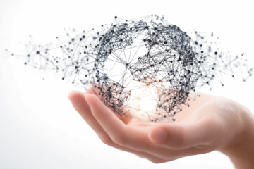 A hand holding a digital sphere, representing global connectivity and technological advancement.