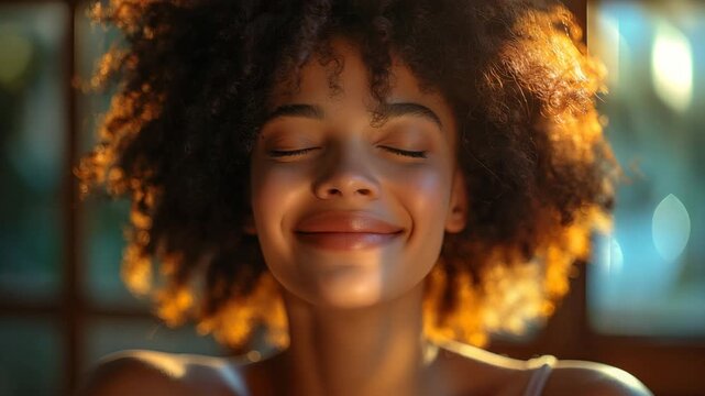 Peaceful young Black woman with curly hair meditating in soft natural morning light, eyes closed in calm reflection, warm earthy and teal tones, video for wellness blogs, beauty branding, and mental 