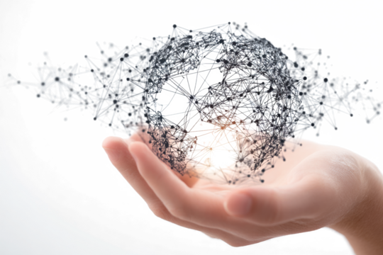 A hand holding a digital sphere, representing global connectivity and technological advancement.