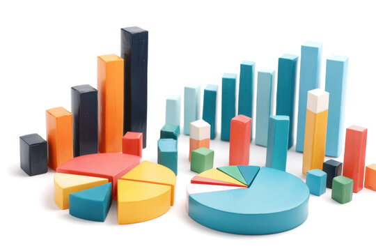 Colorful wooden blocks arranged as bar and pie charts, representing data visualization. - Powered by Adobe