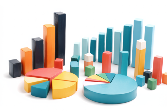 Colorful wooden blocks arranged as bar and pie charts, representing data visualization.