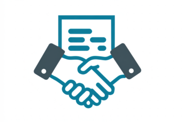 Illustration depicting a handshake with a document, symbolizing agreement and partnership.