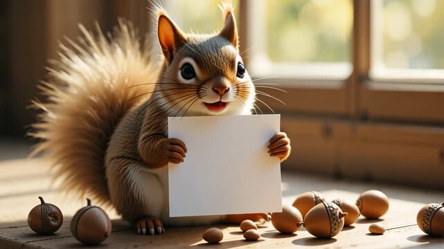 Cartoon squirrel holding blank white sheet with joyful expression in bright interior background. Concept of children&rsquo;s animation
