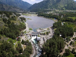 Chemal Hydroelectric Power Station aerial view, Altai, Russia
