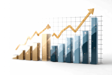 A vibrant 3D bar chart with an upward-trending golden arrow graph symbolizing financial growth and business success.