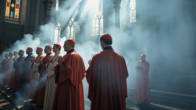 Group of catholic cardinals in red robes standing inside gothic cathedral with rays of light. Religious spirituality concept