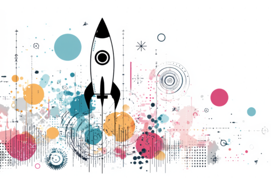 A stylized rocket launching upwards with colorful abstract shapes and geometric patterns in the background, representing innovation and progress.
