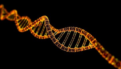 Intricate glowing DNA double helix pattern on dark background,  biology,  futuristic design