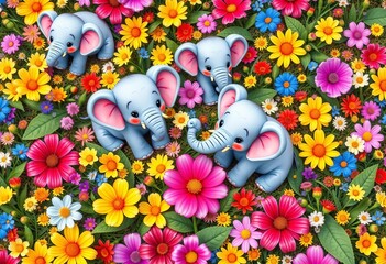 Adorable cartoon elephants playing amongst colorful flowers, seamless drone shot pattern, floral pattern, adorable