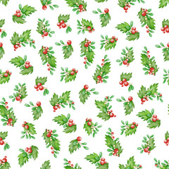 Seamless Christmas pattern with watercolor holly leaves, red berries on transparent background. Holiday design, great for fabric, textile, wrapping paper, cards, backdrop, festive projects, stationery