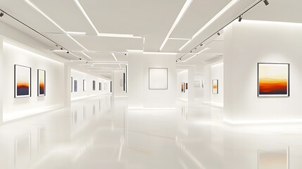 Fototapeta premium A modern art gallery with white walls and bright lighting and empty frames