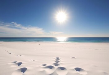 Sun-drenched expanse of pristine white sand beach, simple, nature