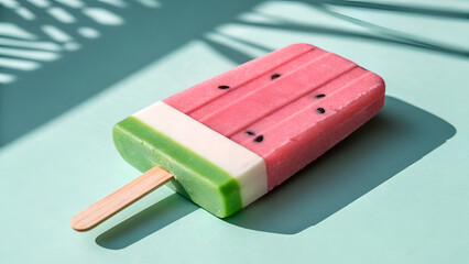 ice cream watermelon popsicles with a bright blue background and sunshade. Summer food concept. ice cream on a green background
