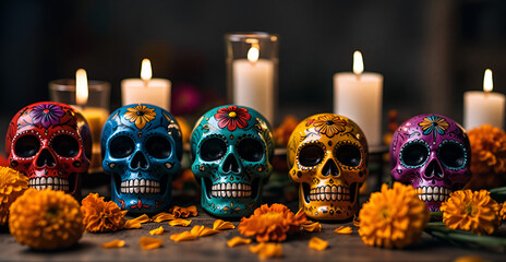 Creative skull image and candles. Makeup for Halloween or Day of the Dead. Banner with space for text. Celebration and ancestors concept.
