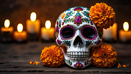 Creative colorful skull image candles and flower. Makeup for Halloween or Day of the Dead. Banner with space for text. Celebration and ancestors concept.