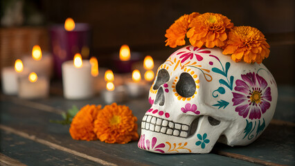 Creative colorful skull image candles and flower. Makeup for Halloween or Day of the Dead. Banner with space for text. Celebration and ancestors concept.