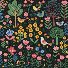 Seamless folk art pattern with colorful flowers, trees, and birds on a dark background.


