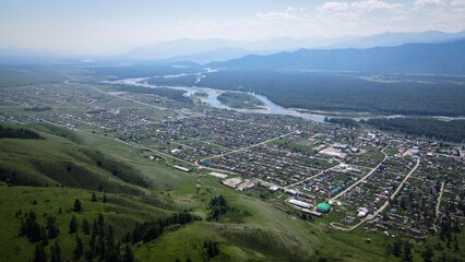 Tyungur village aerial view by summer, Altai Republic, Russia
