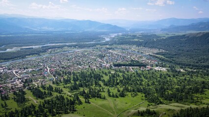 Tyungur village aerial view by summer, Altai Republic, Russia