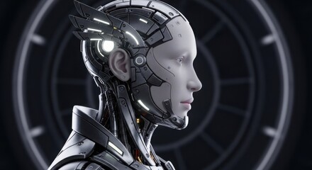 Fototapeta premium Cyborg woman with metallic details and glowing lights on a dark background