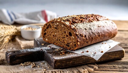 A loaf of seeded whole-wheat bread rests on a rustic wooden board, near a bowl of grains and a cloth