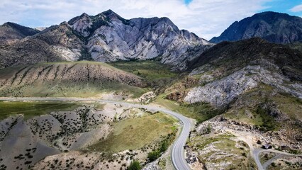 Aerial landscape of taiga forest and mountains, Altai, Russia