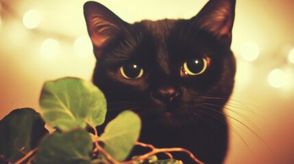 A black cat is staring at the camera with its eyes wide open. The cat is looking at the camera with a curious and alert expression