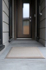 A gray house with a white door and a black window. The door is open and the hallway is empty