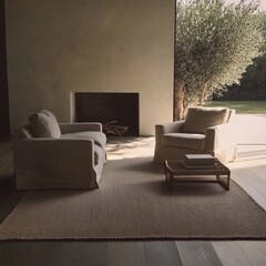 A living room with a fireplace and two white chairs. There is a rug on the floor and a bookcase with books on it