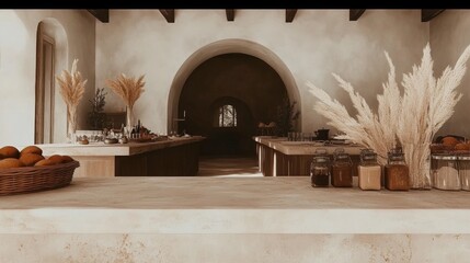 A rustic kitchen with a large archway and a counter with a basket of fruit and a bowl of oranges